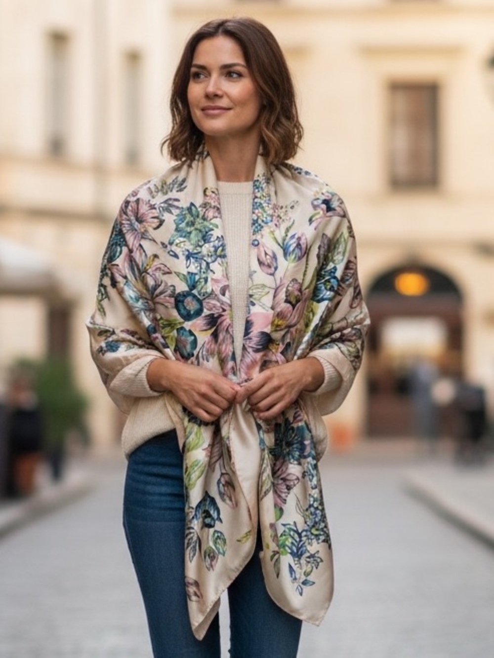 Echo Floral Silk Scarf / Wrap in Teal, Green, Pink & Blush
